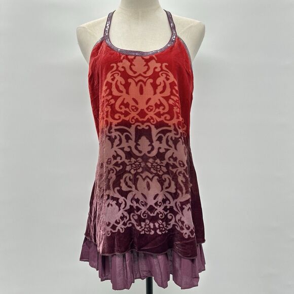 Free People Velvet Burnout Tunic Mini Dress Sz 8 Silk Forbidden Ivy Red Purple - Picture 1 of 12